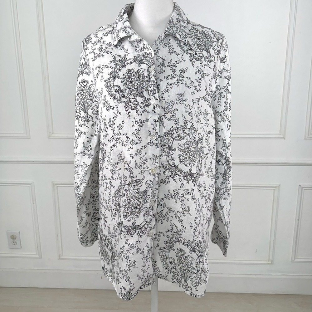 Talbots Linen Shirt Womens XL White Black Floral Toile Button Down‎ Long Sleeve